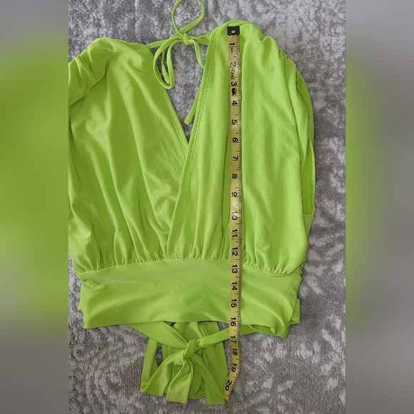Express Smooth Matte Draped Front Tie Waist, Split Open Back Top, Lime Size XS - Picture 6 of 10